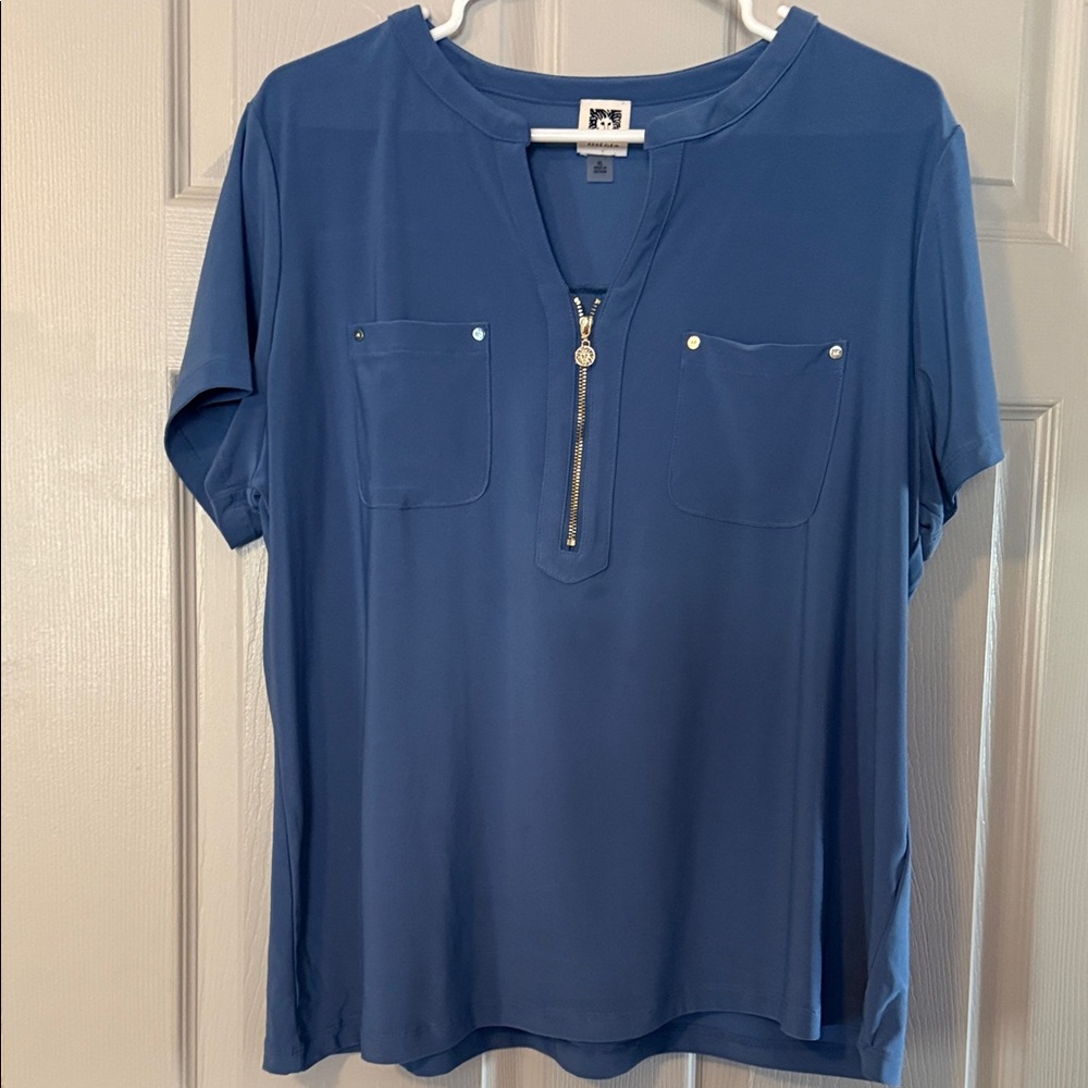 Anne Klein Navy Blue Short Sleeve Zip Pocket Blouse